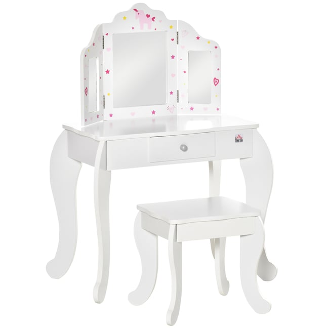 Ensemble de coiffeuse pour enfants MDF Blanc blanc avec motifs étoiles et cœurs roses <span itemprop=