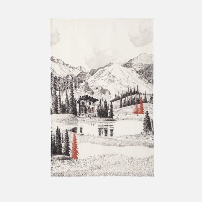 Torchon imprimé en lin PAYSAGE MONTAGNARD blanc <span itemprop=