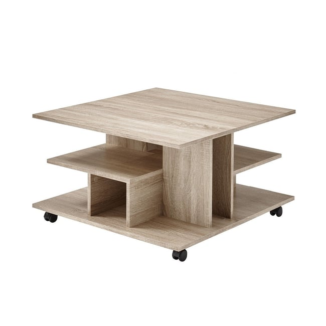 Table Basse sur Roulettes avec Niches de Rangement - 76 x 76 x H44 cm Couleur bois clair <span itemprop=