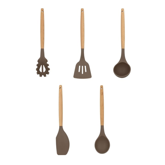 Set de 5 ustensiles en silicone et manche en bois, ELIOTT taupe <span itemprop=