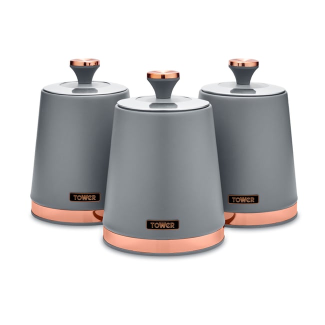 Set of 3 Cavaletto Tea Coffee Sugar Canisters, grey, TOWER