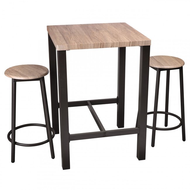 Table de Bar Carrée + 2 Tabourets de Bar en Bois et Métal Noir Couleur bois <span itemprop=