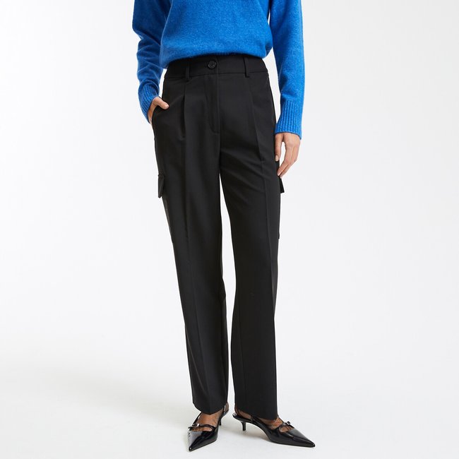 Straight High Waist Trousers with Cargo Pockets, black, LA REDOUTE COLLECTIONS