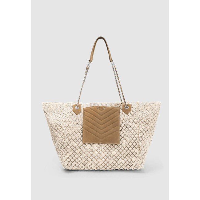 Macrame Tote Bag with Leather Pocket, ivory, IKKS