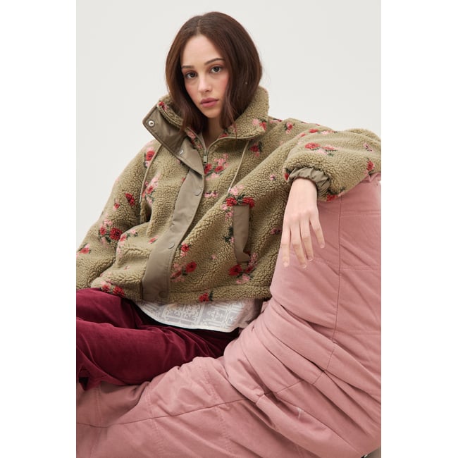 Blouson oversize sherpa col montant vert <span itemprop=