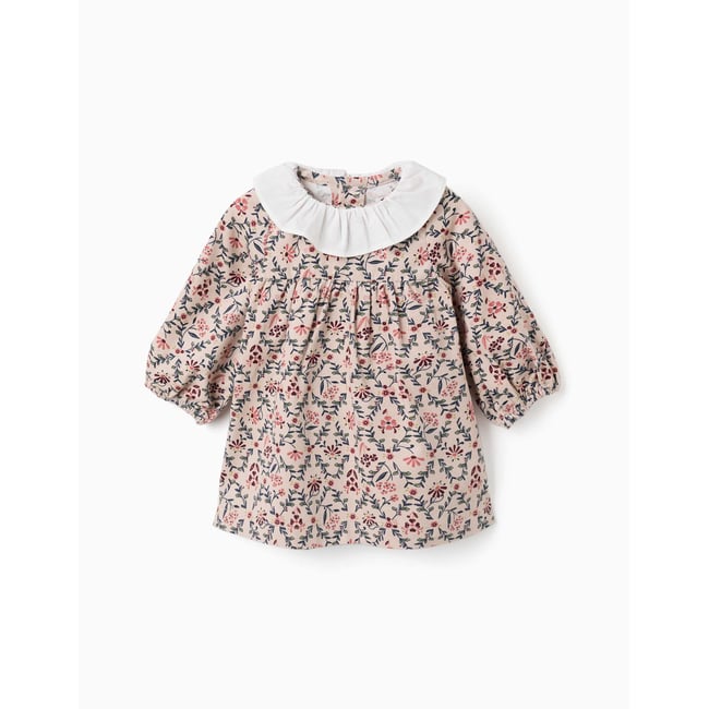 Robe à manches longues en velours avec motif floral beige clair <span itemprop=