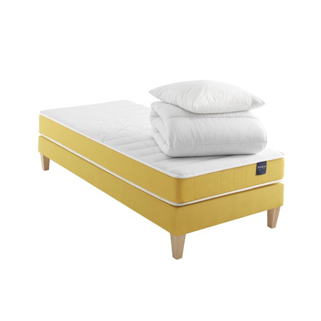 Ensemble matelas mousse, sommier, pieds, couette et oreiller Aurore 400 Couleur blanc <span itemprop=