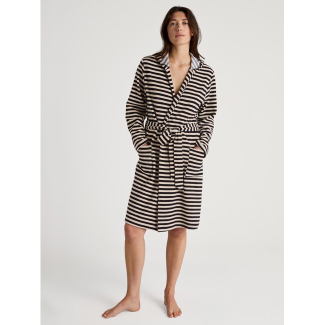 Peignoir manches longues Coton LOUNGE STRIPE noir <span itemprop=