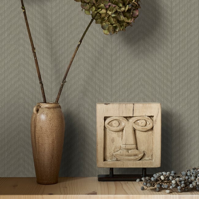 Papier peint Chevrons effet tissé Couleur beige grisé <span itemprop=