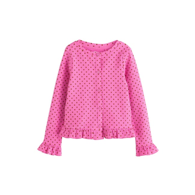 Cardigan à manches longues et volants pois roses <span itemprop=