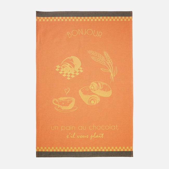 Torchon jacquard en coton LE PAIN AU CHOCOLAT orange <span itemprop=