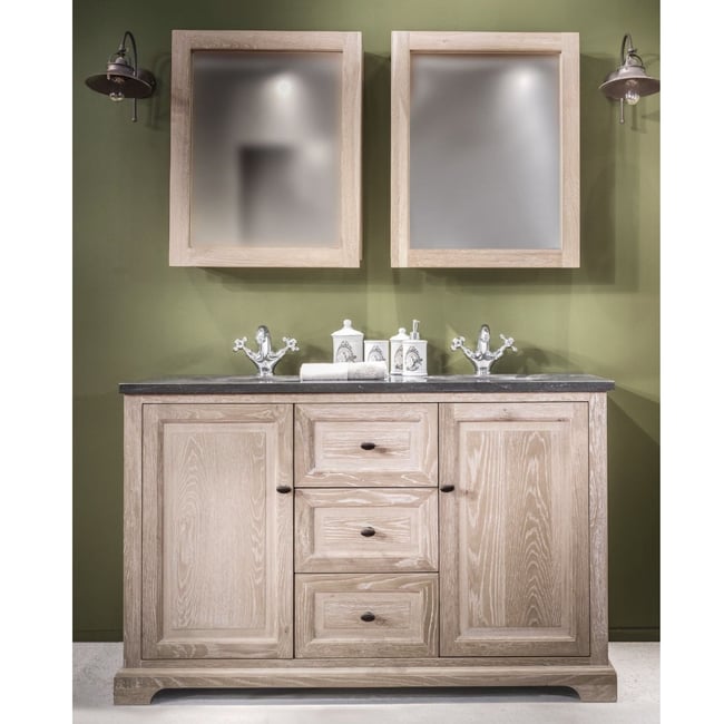 Meuble double vasque en chêne blanchie L140 et 2 miroirs (ensemble) - VIENNE II Couleur bois clair <span itemprop=