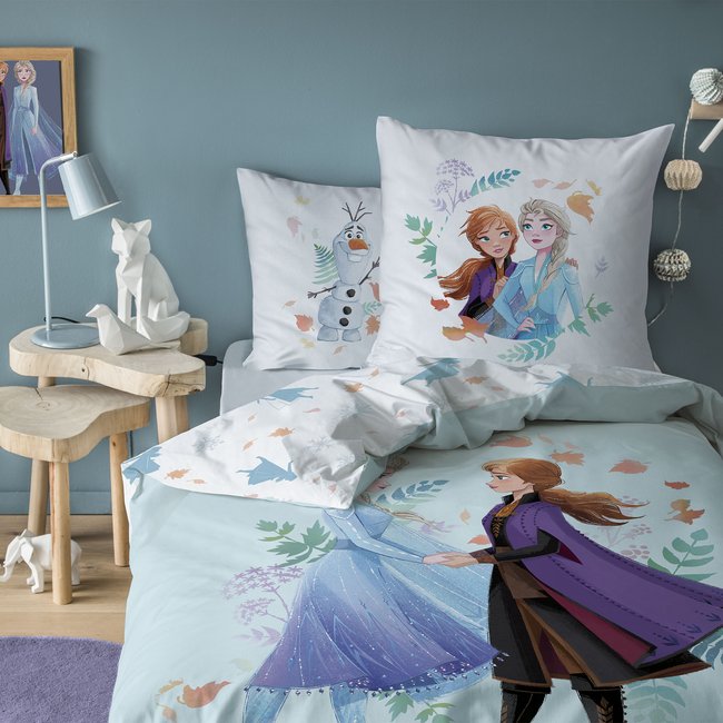 Parure de lit imprimée 100% coton, FROZEN SISTERS bleu <span itemprop=
