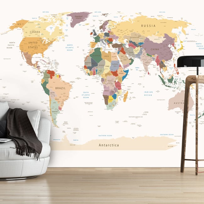Papier peint intissé panoramique Carte du monde World Map Couleur multicouleur <span itemprop=