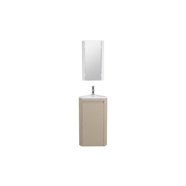 Ensemble lave-mains d'angle sur pieds avec robinet et armoire SORRENTO Couleur beige satiné <span itemprop=