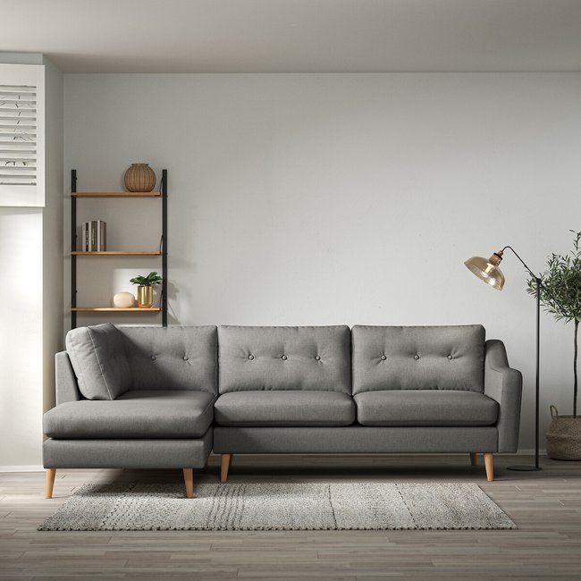 Rosa Curve Buttoned Soft Brushed Chaise - Left facing with Light Wood Legs - SO'HOME