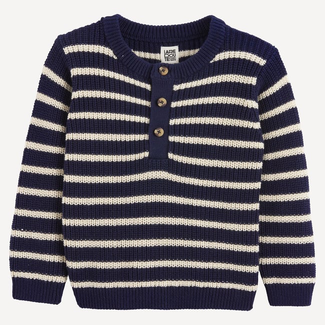 Pull rayé avec col tunisien boutonné, en grosse maille rayé <span itemprop=