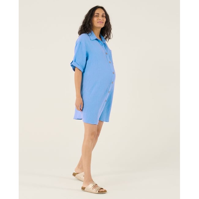 Robe chemise courte oversize d'allaitement Bertille bleu <span itemprop=