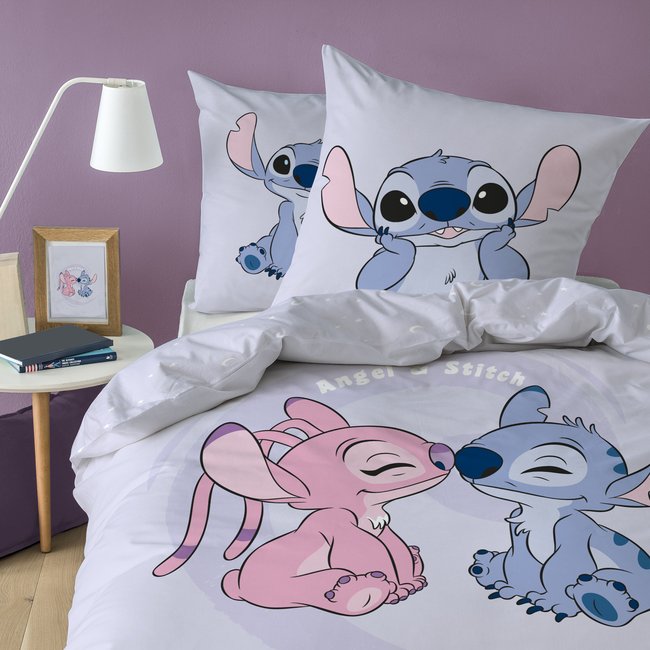Parure de lit imprimée 100% coton, STITCH HAPPY mauve <span itemprop=