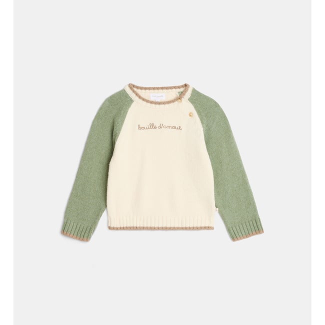 Pull droit titouen coton mélangé écru et vert <span itemprop=