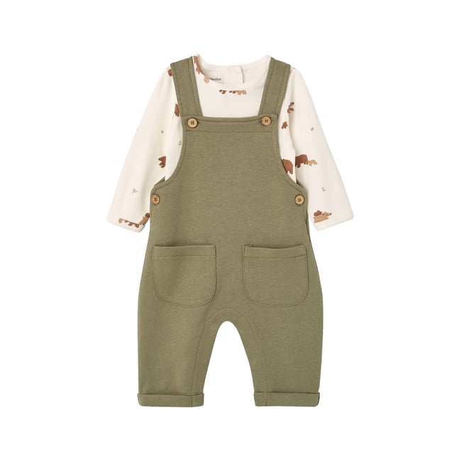 Ensemble salopette et body naissance kaki <span itemprop=