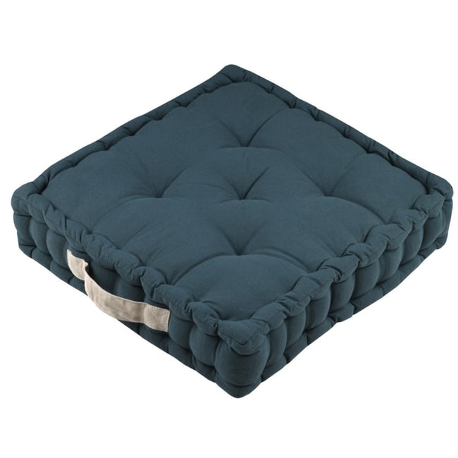 Coussin de sol 45x45x10  Duo cobalt lin 100% coton bleu <span itemprop=