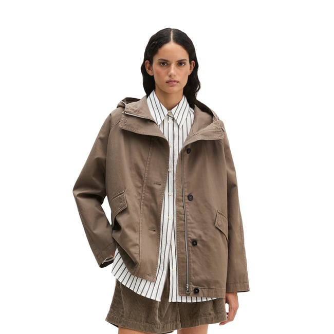 Veste cape avec capuche relaxed garment-dyed en sergé de coton organique marron <span itemprop=