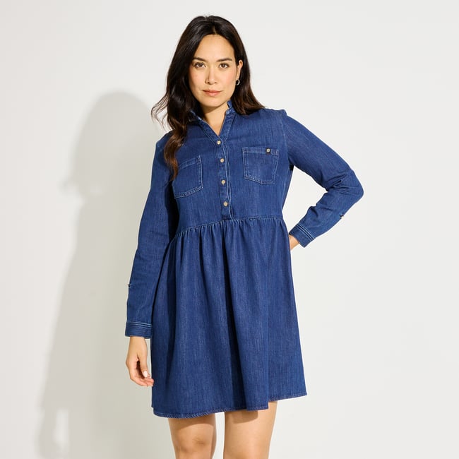 Robe courte fluide évasée en jean bleu dark stone <span itemprop=