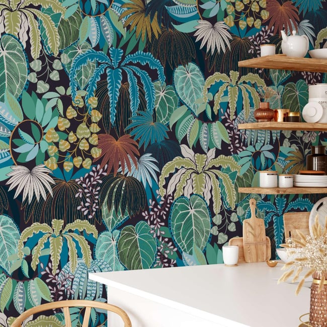 Papier peint végétal, Plantes grimpantes et feuilles tropicales - 85x260 cm (l x h) Couleur vert <span itemprop=