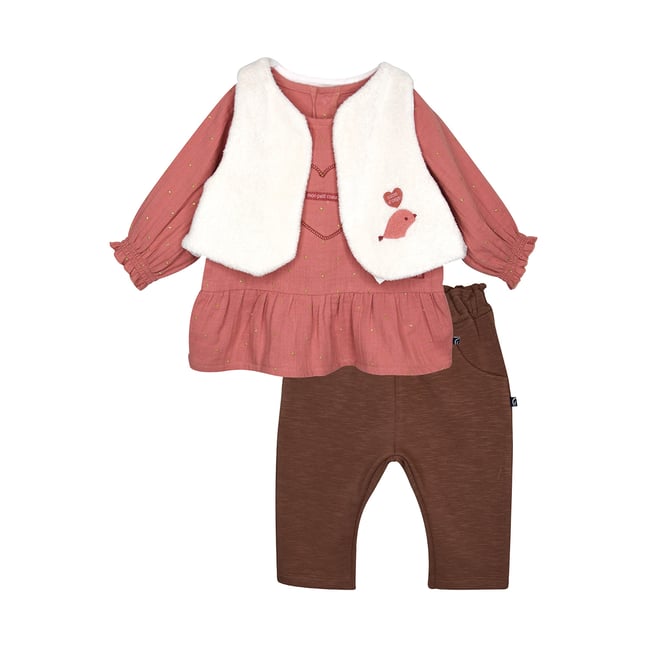 Ensemble tunique pantalon gilet sans manches pola rose <span itemprop=