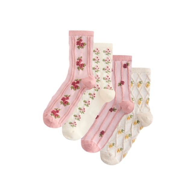 Socquettes texturées, 4 paires rose motif fleurs <span itemprop=