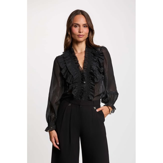 Chemise brillante col v noir <span itemprop=