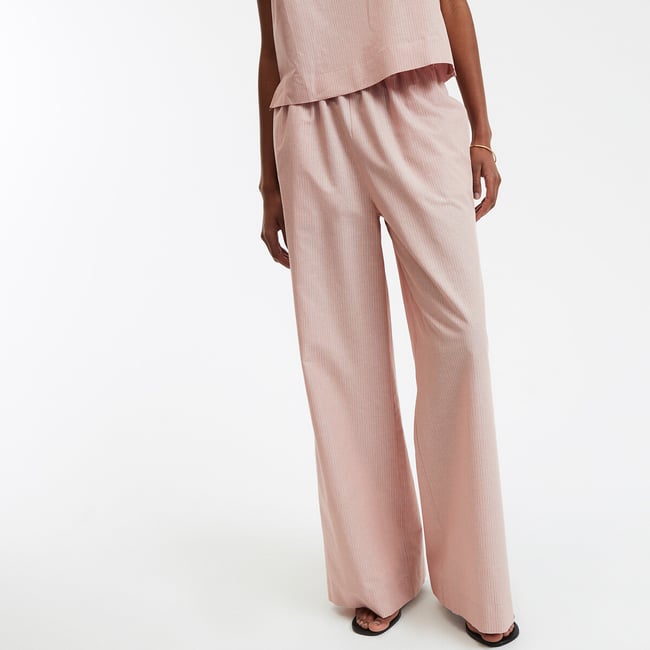 Pantalon rayé large, en coton et lin  rayé rose <span itemprop=