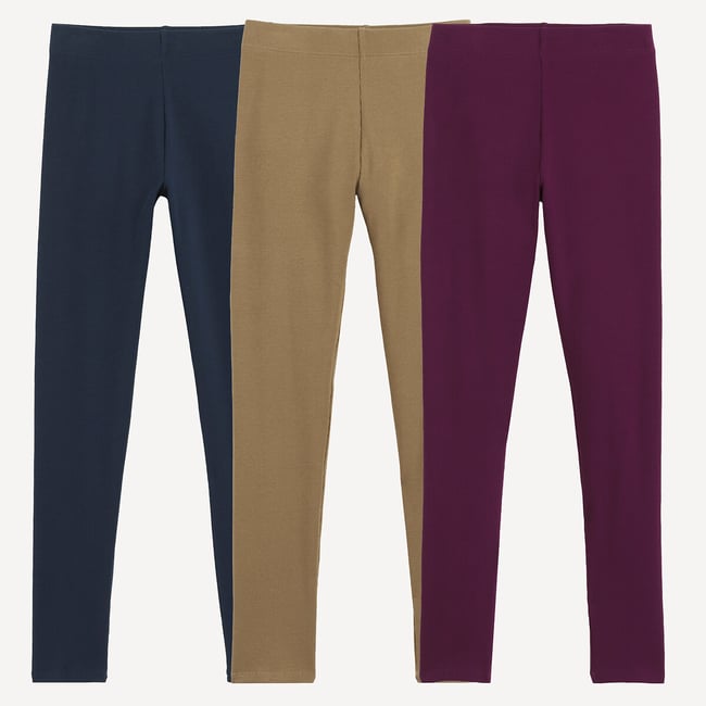 Lot de 3 leggings unis en coton vert + violet + bleu <span itemprop=