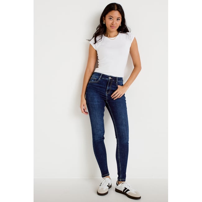 Jean skinny taille haute bleu foncé <span itemprop=