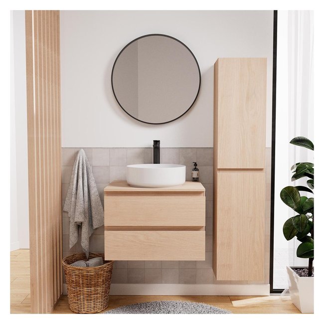 Ensemble meuble simple vasque 60 cm + vasque + robinet + miroir + colonne SORRENTO Couleur chêne <span itemprop=