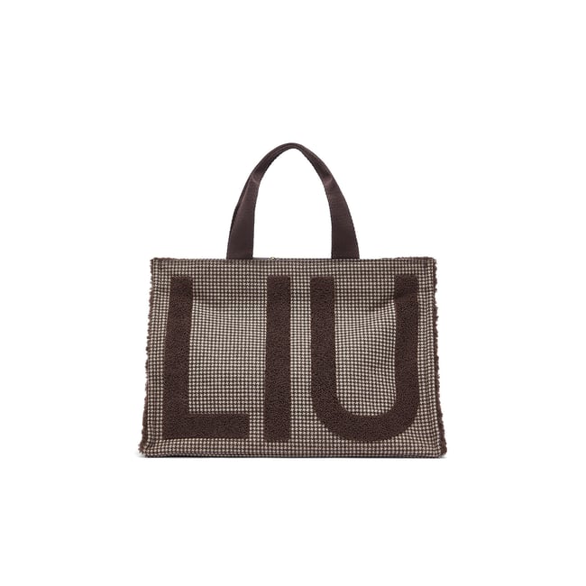 Grand cabas en tissu à carreaux marron foncé <span itemprop=