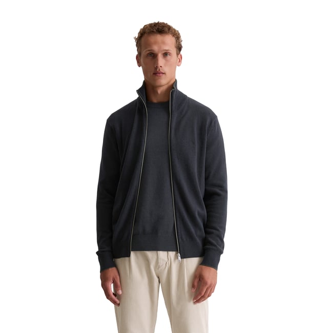 Cardigan zippé regular en mélange de coton et de laine vierge bio bleu foncé <span itemprop=