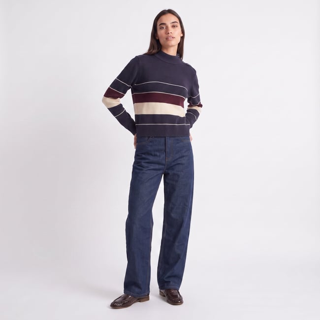 Pull femme à col montant rayé, boutonné à l'épaule TEMERIE navy <span itemprop=