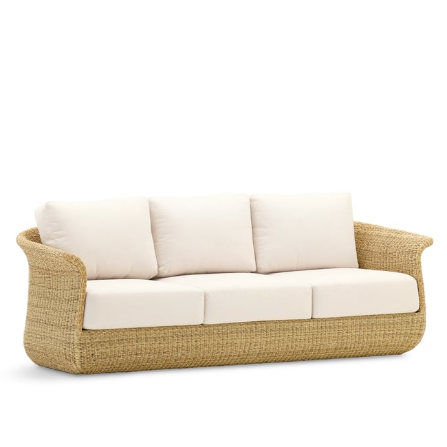 Canapé 3 places, rotin, PALMA marron/beige naturelle, coussin écru <span itemprop=