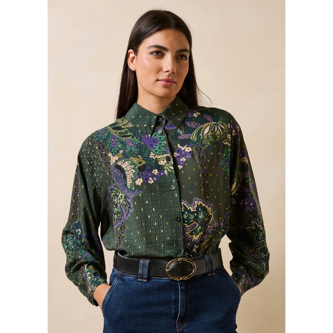 Chemise ample à imprimé manches longues vert <span itemprop=