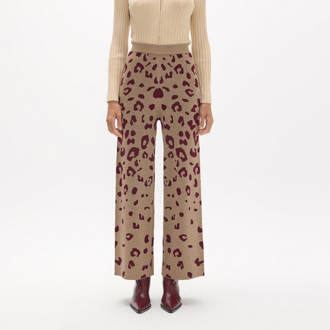 Pantalon jacquard imprimé léopard beige <span itemprop=