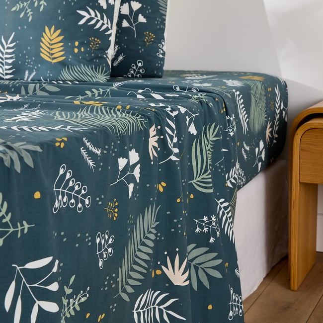 Drap plat percale de coton, Suzanne imprimé bleu <span itemprop=