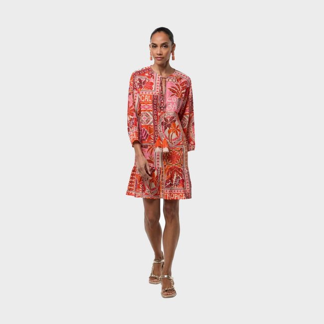 Robe courte imprimée à manches longues avec lien pompon corail <span itemprop=