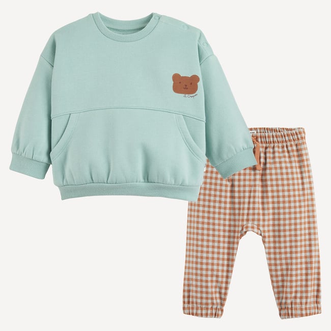 2-delt fleece sweatshirt og flannel joggingbukser outfit blå/brun LA REDOUTE COLLECTIONS