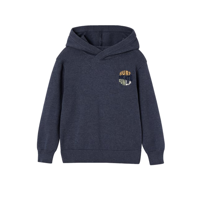 Pull à capuche bleu chiné <span itemprop=
