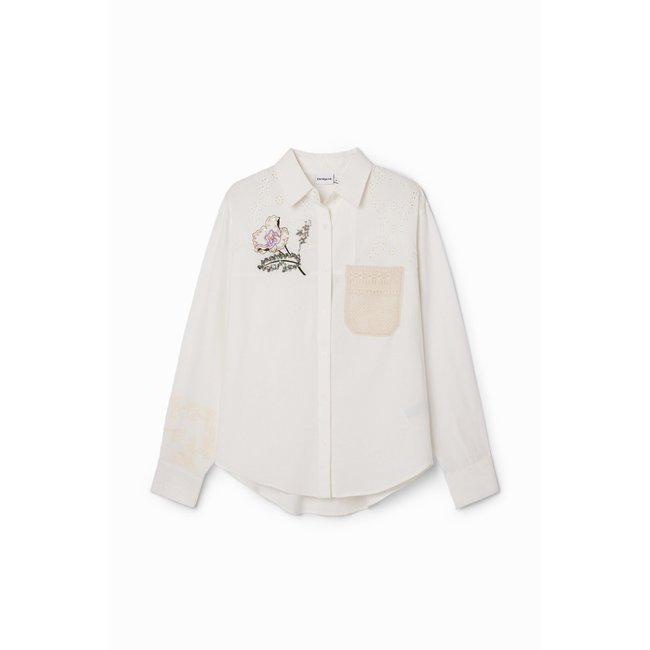 Chemise lin crochet blanc <span itemprop=