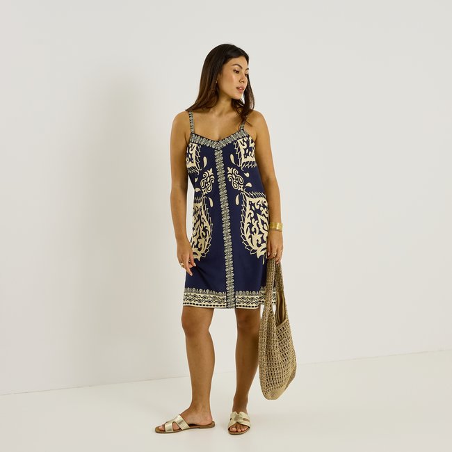 Robe courte imprimée à bretelles bleu marine <span itemprop=