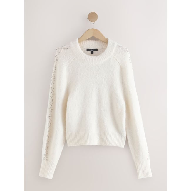 Pull avec manches ornées de pierres et laine ecru/blanc <span itemprop=