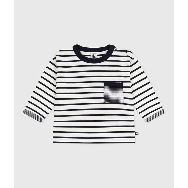 Striped Long Sleeve Cotton T-Shirt, navy blue, PETIT BATEAU